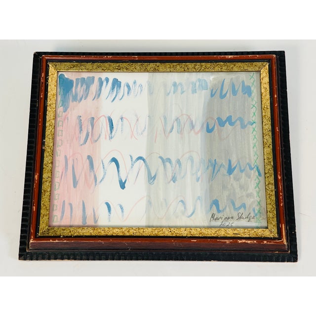 Contemporary abstract acrylic on paper original painting framed in an antique frame.