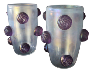 Large Iridescent Murano Glass Vases with Purple Rosebuds, 1980s, Set of 2