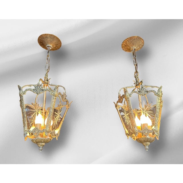 Metal 1920s Rococo Lanterns Pendant Lights With Etched Glass - a Pair For Sale - Image 7 of 15