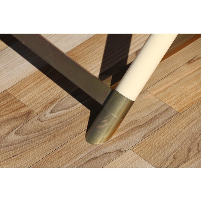 1970s Faux Ivory Lacquer & Brass Bar Tray Table With Mirrored Tray For Sale - Image 16 of 18