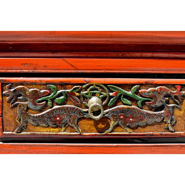 Monumental 8 Ft Extra Long 19th Century Chinese Console Altar Table Carved 5 Drawers Red Orange Green For Sale - Image 14 of 16