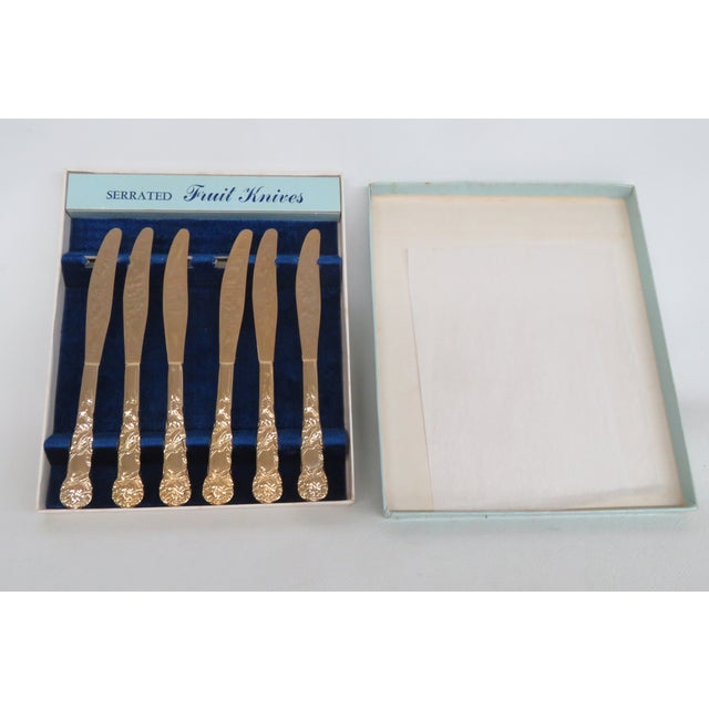 Italy Box Set of 6 Serrated Fruit Knives Stainless Steel Gold Tone Finish 4961b For Sale - Image 9 of 10