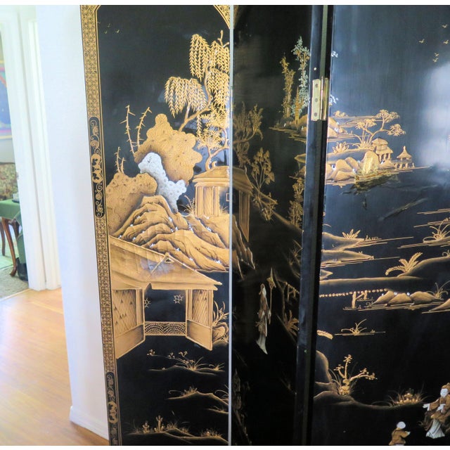 Chinese Early 20th Century Coromandel Black Lacquer Chinese 4 Panel Screen For Sale - Image 3 of 8