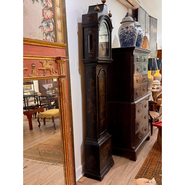 Late 18th Century English Black Japanned Tall Case Clock For Sale - Image 11 of 15