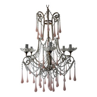 French Pink Opaline Murano Drops Rock Crystal Swags Chandelier, Circa 1920French Pink Opaline Murano Drops Rock Crystal Swags Chandelier, Circa 1920 For Sale
