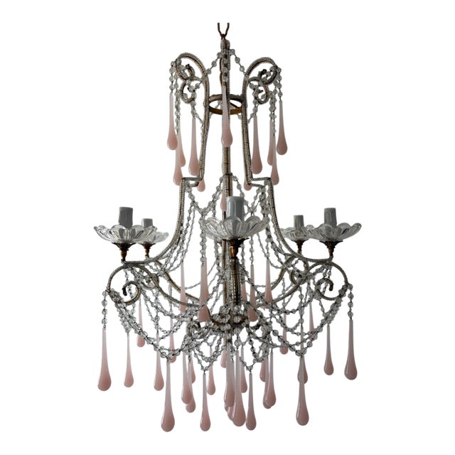 French Pink Opaline Murano Drops Rock Crystal Swags Chandelier, Circa 1920French Pink Opaline Murano Drops Rock Crystal Swags Chandelier, Circa 1920 For Sale