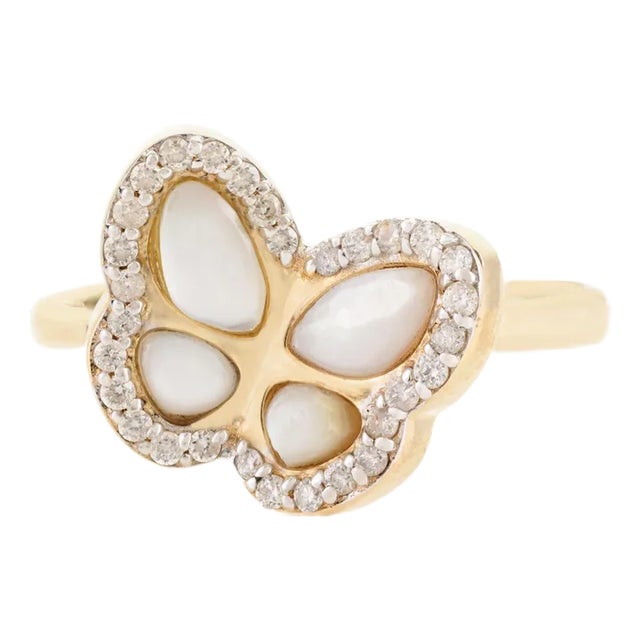 Mother of Pearl Butterfly Ring With Diamonds for Her in 14k Gold Size 7 For Sale