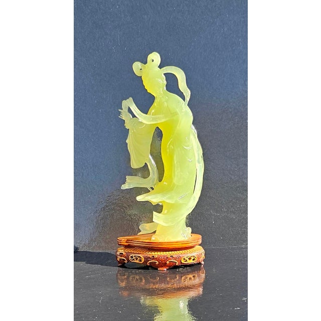 Mid 20th Century Mid 20th Century Chinese Apple Green Jade Carving Figurine of Young Woman With Wooden Stand For Sale - Image 5 of 5