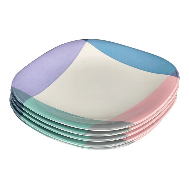 Vintage 1980's Mikasa Tempo Eighty Video Color Block Square Dinner Plates- Set of 4 For Sale
