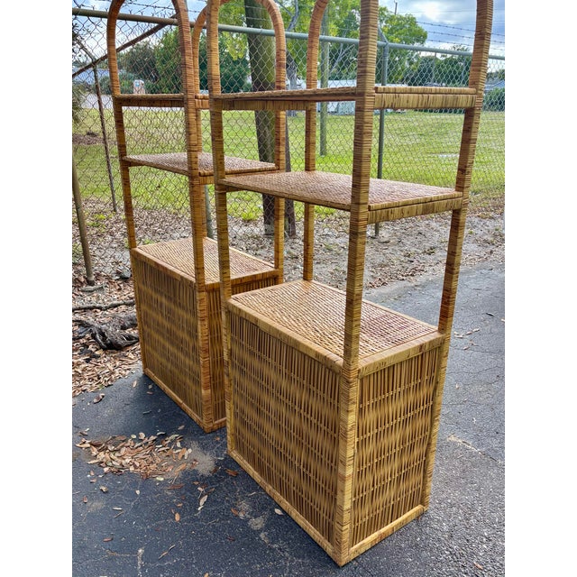 Hollywood Regency Vintage Burnt Woven Bamboo Etagere Pair - Arched Palm Beach Regency For Sale - Image 3 of 8