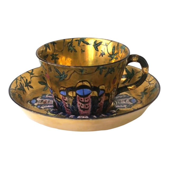 Gold Porcelain Coffee or Tea Cup and Saucer With Butterfly Design For Sale