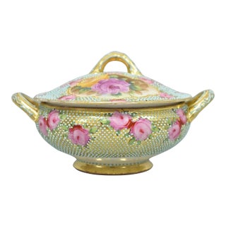 Antique Nippon Hand Painted Gold Gilt Porcelain Green Moriage Covered Sugar Bowl For Sale