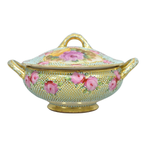 Antique Nippon Hand Painted Gold Gilt Porcelain Green Moriage Covered Sugar Bowl