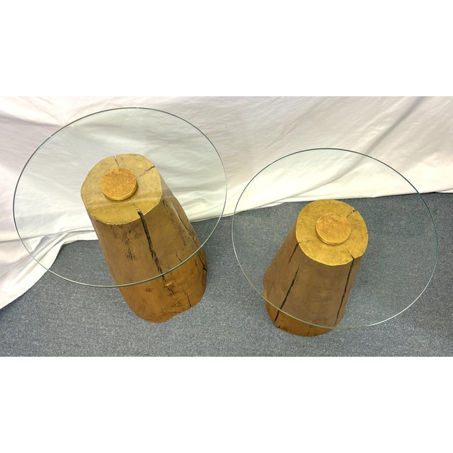 Modern 1980's Modern Tree Trunk Tables With Glass Tops and Gold Finish - A Pair For Sale - Image 3 of 13