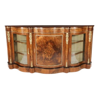 Antique Victorian Serpentine Burr Walnut Marquetry Credenza, 19th Century For Sale