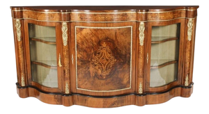 Antique Victorian Serpentine Burr Walnut Marquetry Credenza, 19th Century