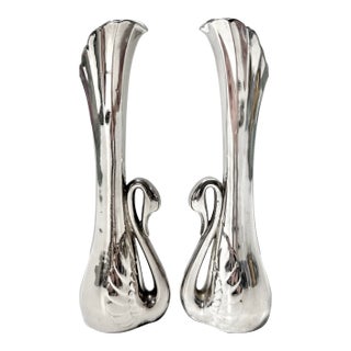 Vintage Silverplate Swan Bud Vases, Sculptural Pair For Sale