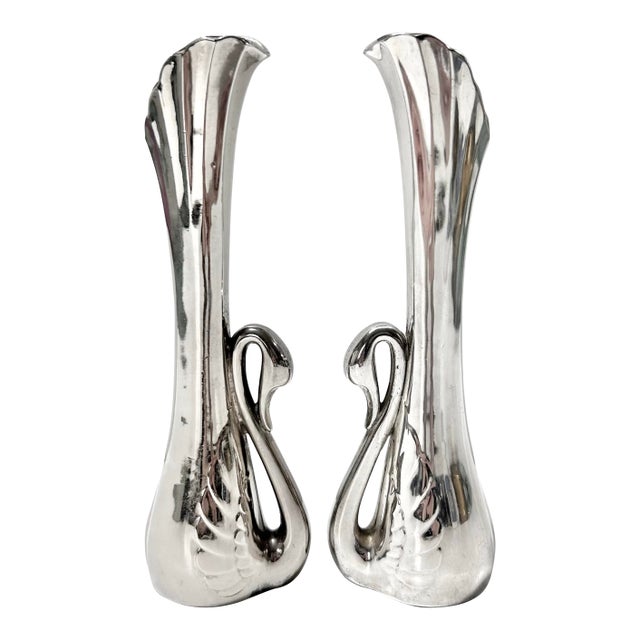 Vintage Silverplate Swan Bud Vases, Sculptural Pair For Sale
