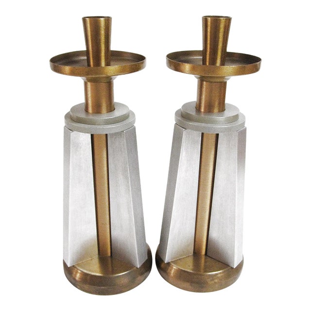 Vintage Machine Age Mid-Century Aluminum and Brass Candle Holders- a Pair For Sale