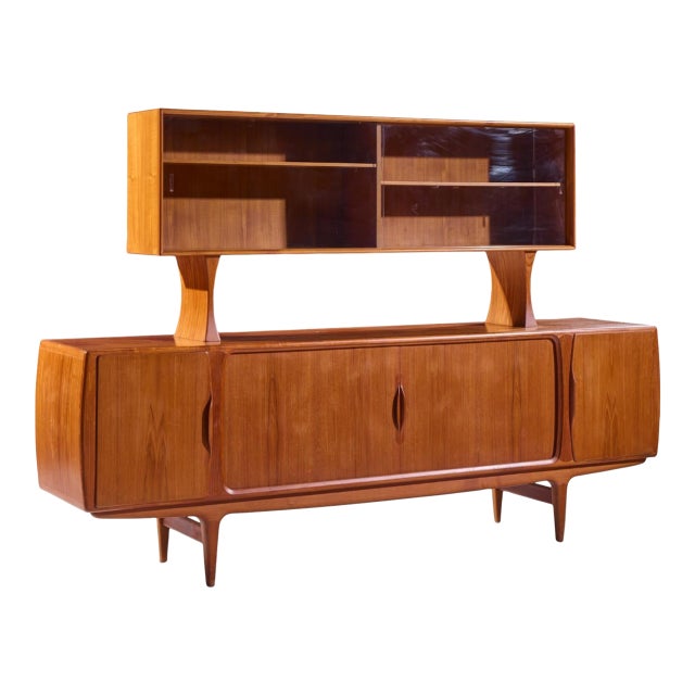 Johannes Andersen for Uldum Mid Century Danish Teak Tambour Door Credenza With Hutch For Sale