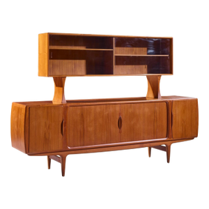 Johannes Andersen for Uldum Mid Century Danish Teak Tambour Door Credenza With Hutch