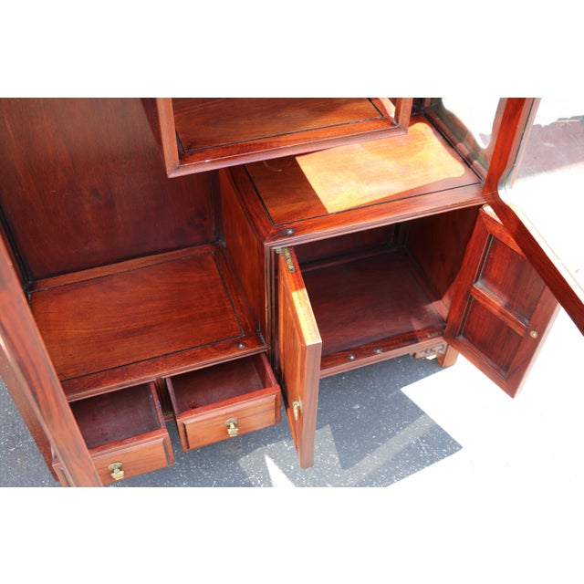 Vintage Asian-Inspired Rosewood Display Cabinet / Curio With Glass Doors and Brass Hardware For Sale - Image 11 of 18