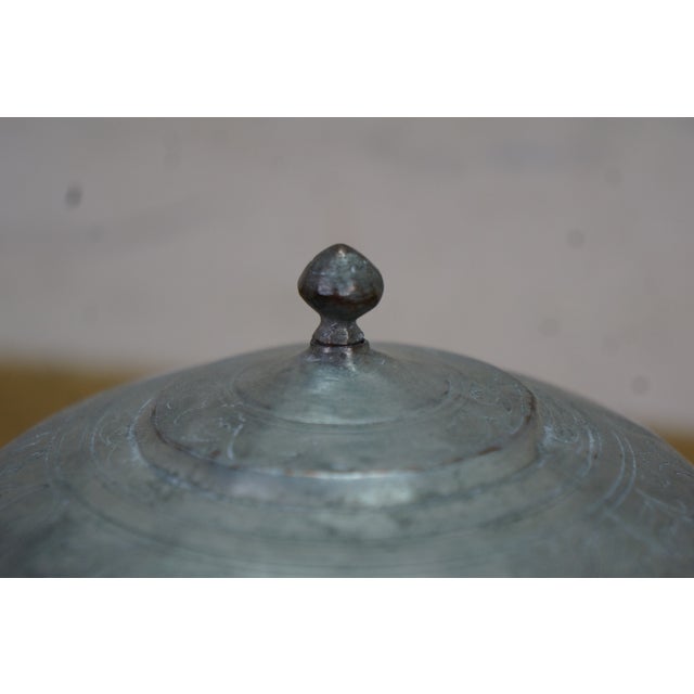 Vintage Middle Eastern Persian Etched Copper Covered Vessel & Open Pot For Sale - Image 13 of 14