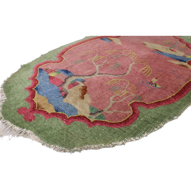 77615 Antique Chinese Art Deco Oval Rug, 03'00 x 04'09. Whispers of the Willow: An Antique Chinese Art Deco Masterpiece of...