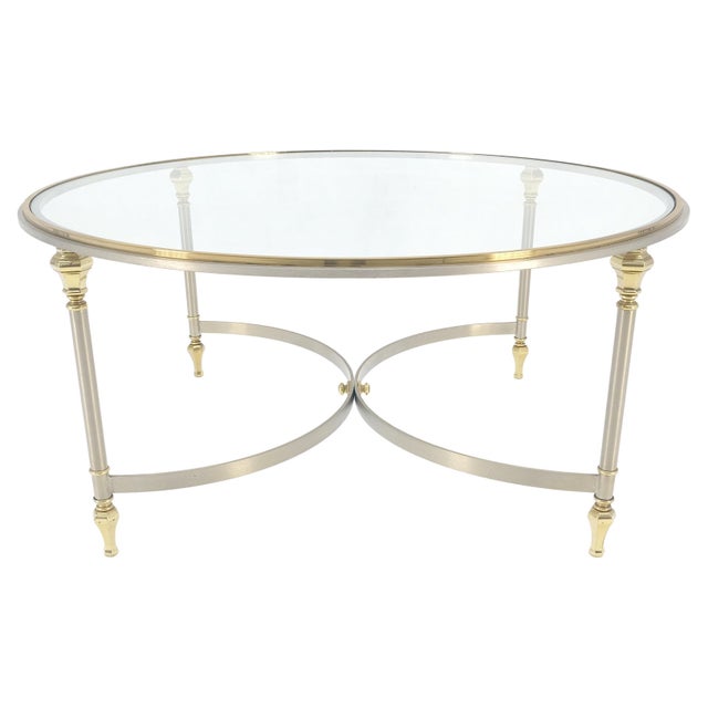 Maison Jansen Italian Round 38" Brushed Chrome & Brass Bezel & leg Glass Top Coffee Table For Sale - Image 4 of 12
