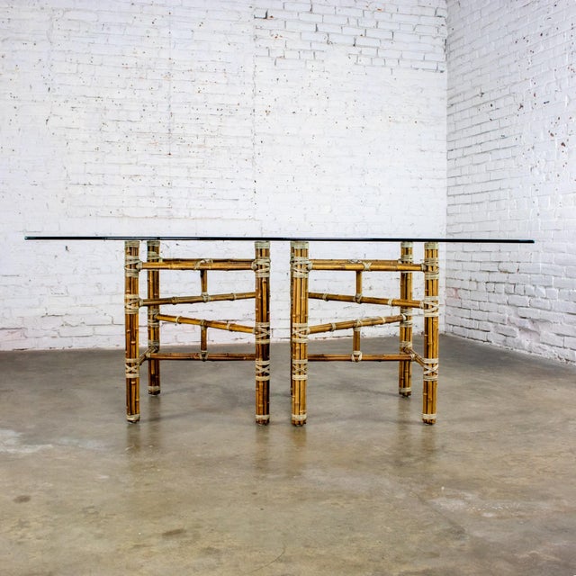 Late 20th Century Late 20th Century Campaign Style Double Pedestal Dining Table by McGuire Bamboo Bases & Glass Top For Sale - Image 5 of 18