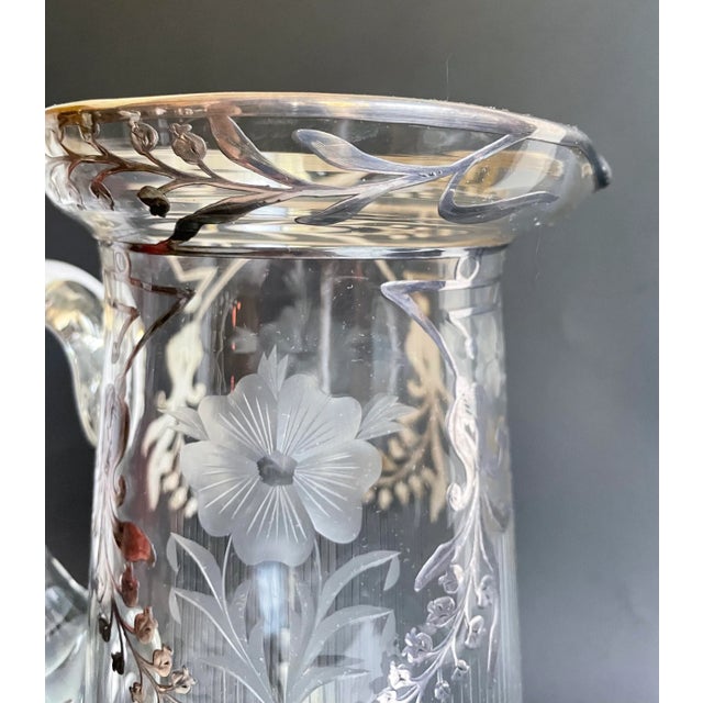 Art Deco Sterling Silver Inlay Etched Glass Pitcher For Sale - Image 9 of 12