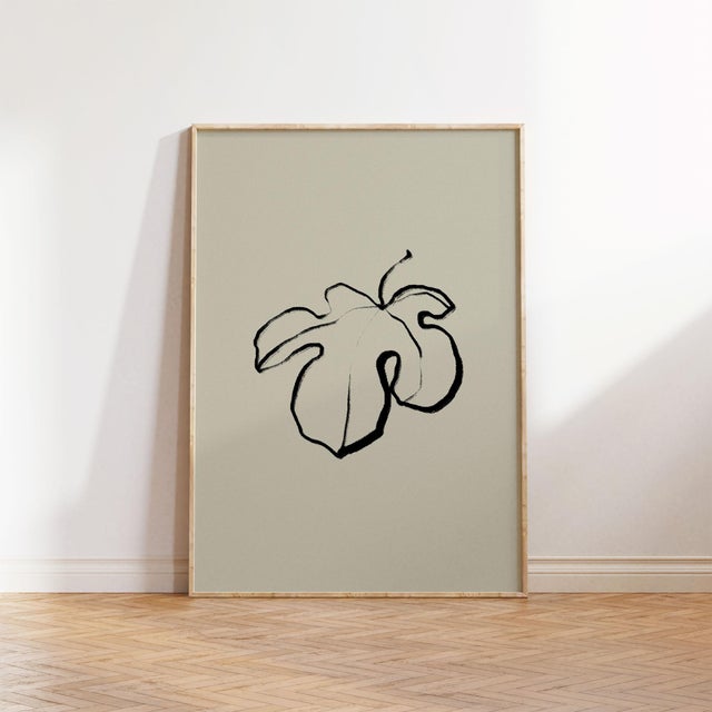 Open edition giclee print by artist Anna Pepe. 20"x28" Elegant figue leave one line painting, black color on grey...