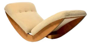 Sculptural Walnut Rocking Chaise Lounge in Soft Butterscotch Shearling C. 1980