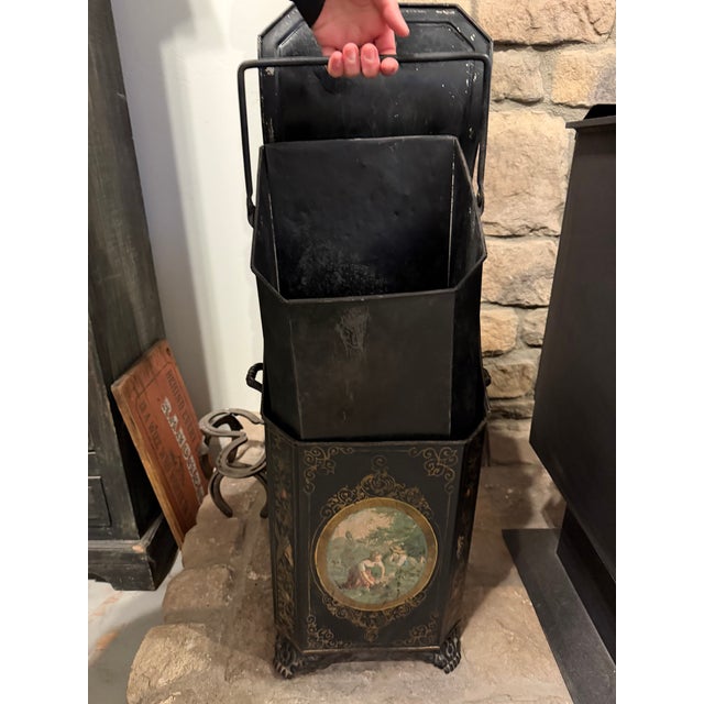 French Antique French Tole Painted Coal Scuttle With Pastoral Scenes & Gilt Details For Sale - Image 3 of 12