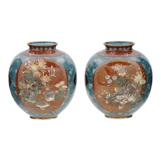 Large Pair of High Quality Japanese Cloisonne Goldstone Enamel Vases Sparrows in Blossoming Flowers, Honda For Sale