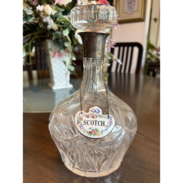 Vintage Cut Glass Decanters Pair Scotch Whisky Labels Silver Mount For Sale - Image 6 of 9