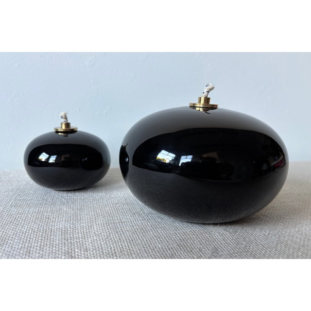 Mid-Century Modern Vintage Modern Black Orb Stoneware Oil Lamps by Hoganas Keramik Sweden, Set of 2 For Sale - Image 3 of 7