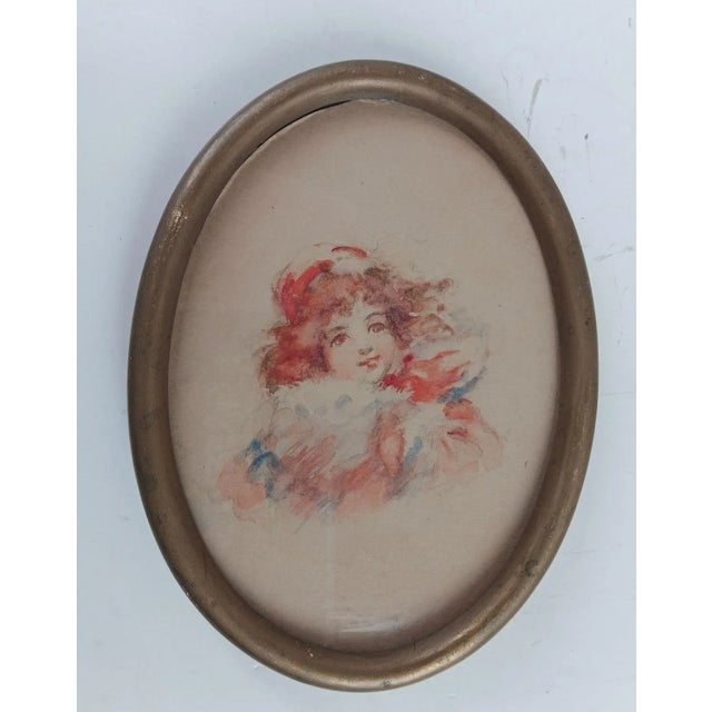 Victorian Small Victorian Watercolor Portrait Painting of Young Girl For Sale - Image 3 of 3