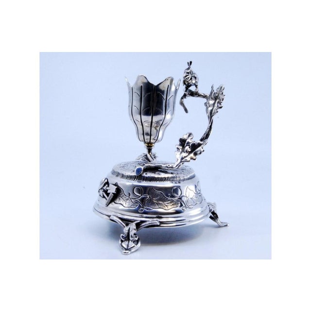 Flower-Shaped Silver Toothpick Holder with Bird Perched on Branch and Base with Acanthus Leaves and Labor Motifs For Sale - Image 4 of 10