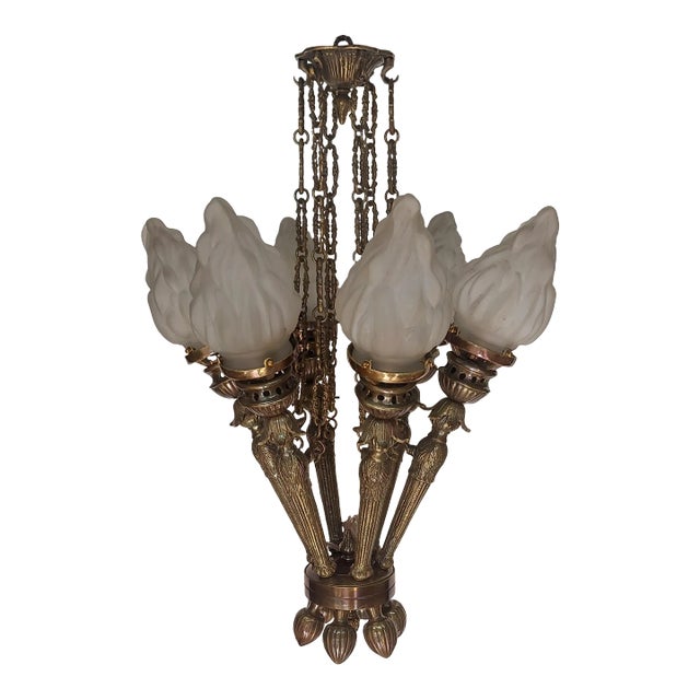 Vintage Art Deco Nouveau Mashaal 6 Light Chandelier in Brass & Frosted Glass Lamp For Sale