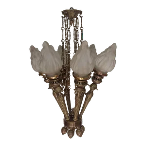 Vintage Art Deco Nouveau Mashaal 6 Light Chandelier in Brass & Frosted Glass Lamp