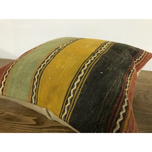 Striped Design Turkish Anatolian Green and Yellow Kilim Pillow Cover For Sale - Image 4 of 6