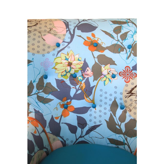 Wood 1960s Vintage Baby Blue Floral Wingback Accent Chair For Sale - Image 7 of 10