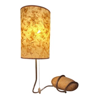 Vintage Mid-Century Modern Sculptural Natural Stone & Wrought Iron Table Lamp With Fibrous Shade For Sale