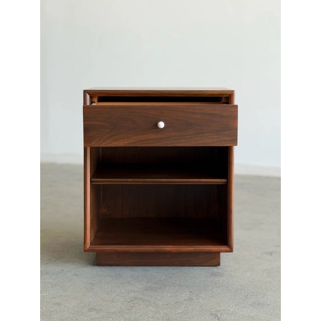W20 D15.5 H24 This item has been fully restored. Minimal single night stand with angled front. Original porcelain handle....