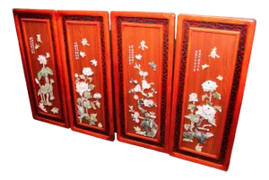 Chinese Hardwood Soapstone Panels Placques, Set of 4