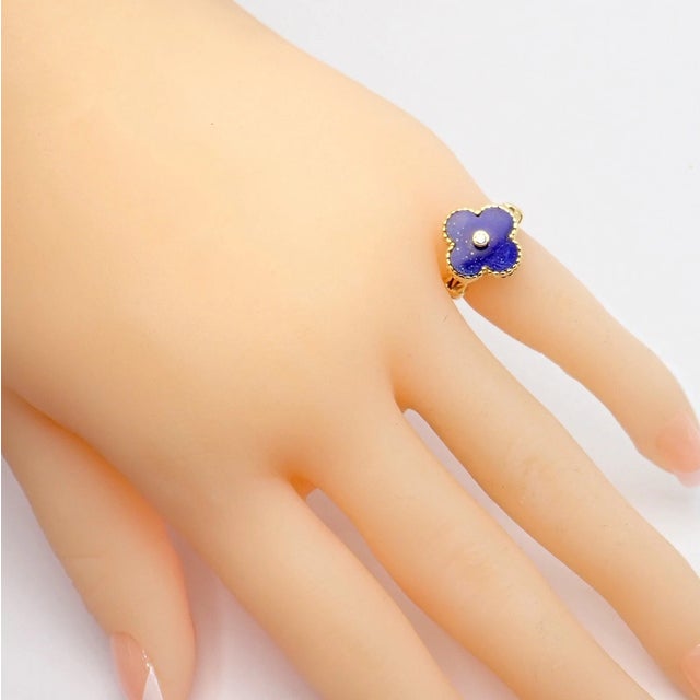 Van Cleef & Arpels Alhambra Yellow Gold Lapis Lazuli Diamond Ring Sz 4 For Sale - Image 10 of 13