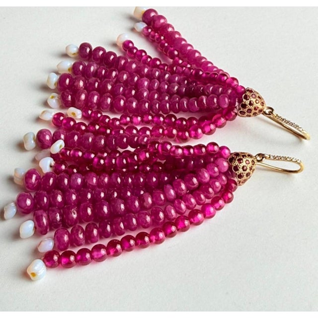 14k Yellow Gold Shepherd Hoop Earrings With Diamonds, Rubies & Opalite Tassels, A Pair For Sale - Image 9 of 11