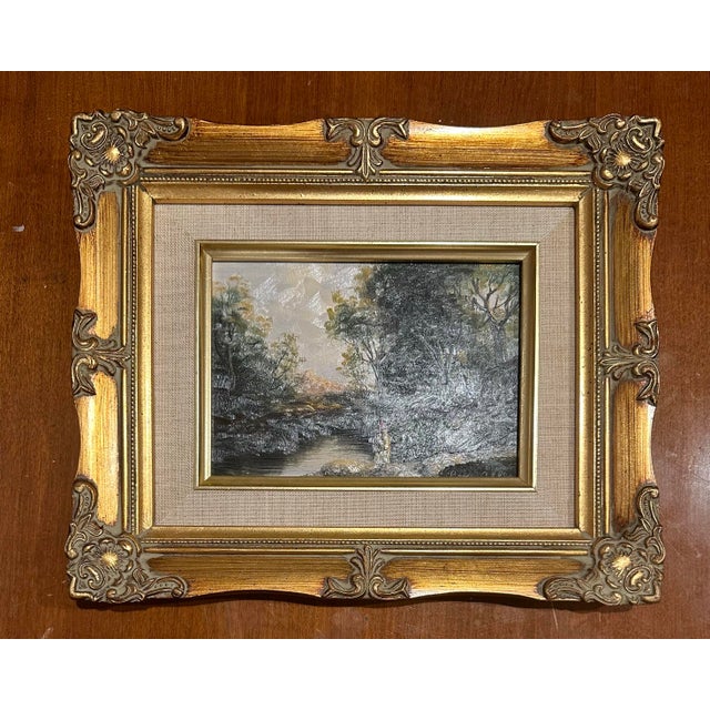 This original signed [Loren Allen] oil painting exhibits characteristics of the Hudson River School, known for its...