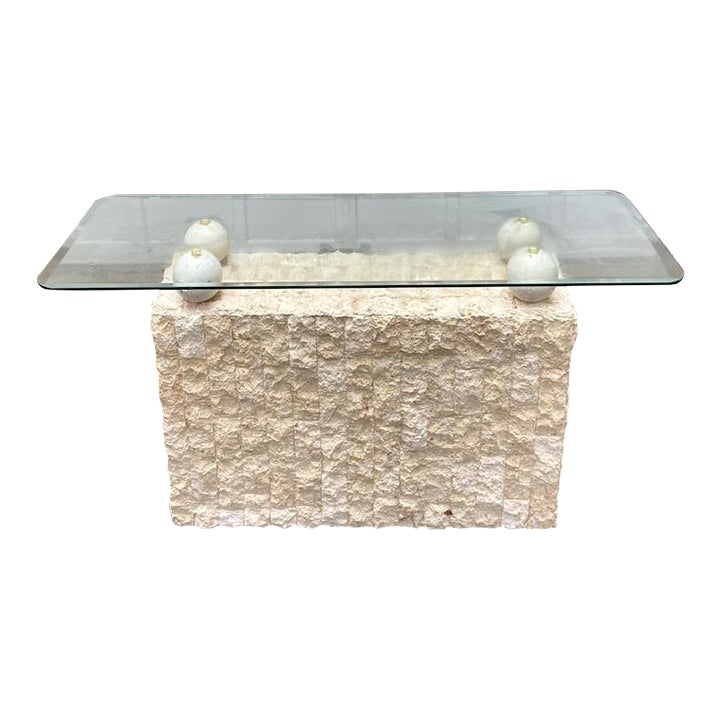 Postmodern Freeform Tessellated Stone Base Glass Top Console Table